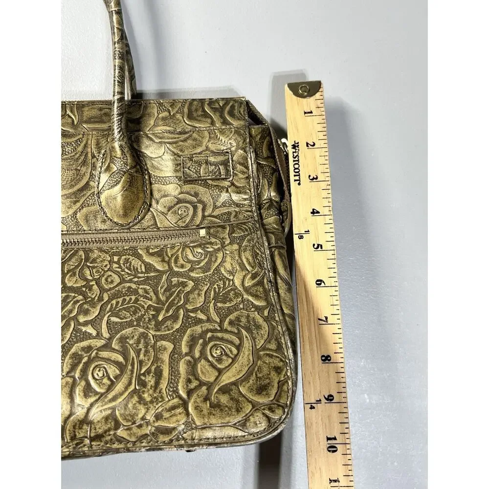 Maxx New York Floral Embossed Patent Leather Satchel Gold Zip Top Shoulder Bag
